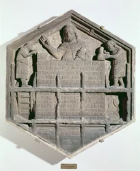 Die Kunst des Bauens, sechseckige dekorative Reliefkachel aus einer Serie, die die Praktiker der Künste und Wissenschaften darstellt, möglicherweise basierend auf Entwürfen von Giotto, ca. 1334-48